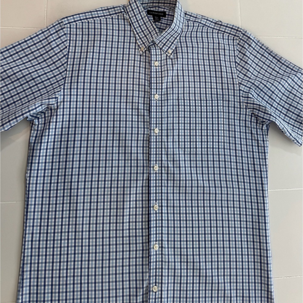 Land's End Men 15 and 1/2 Tall Plaid Blue and White Short Sleeve Shirt